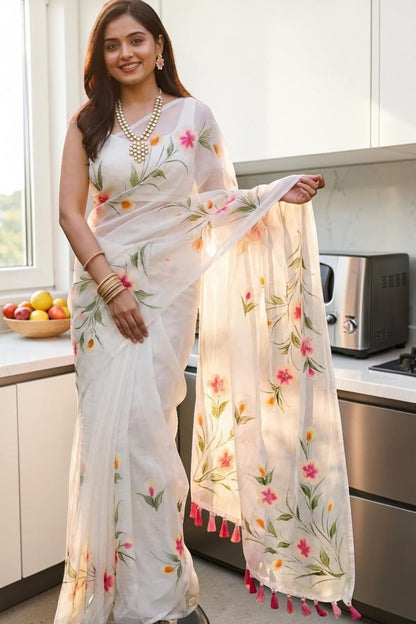 White Organza Saree with Hand-Painted Floral Motifs
