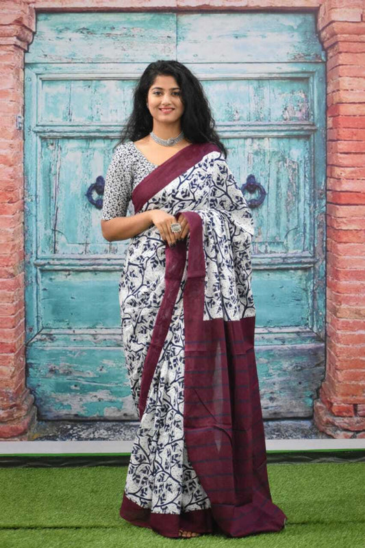 Cream and Indigo Floral Printed Saree