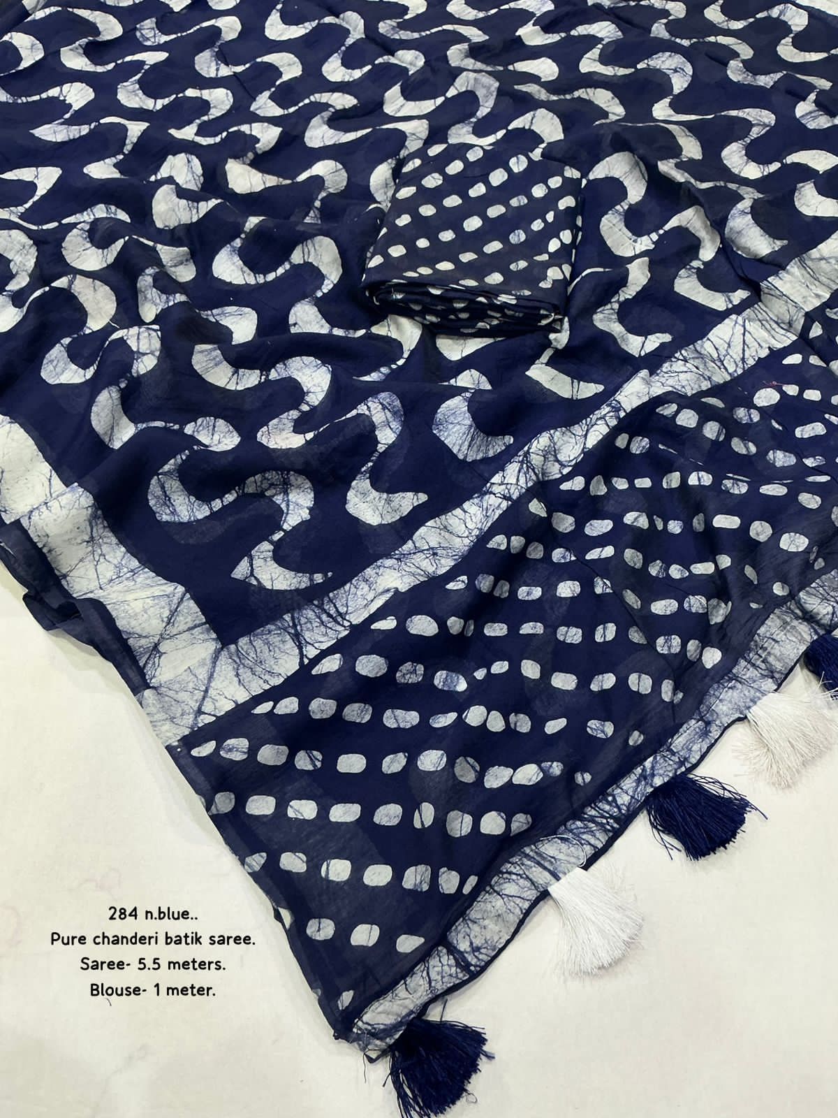 Navy Blue and White Wave-Pattern Batik Saree