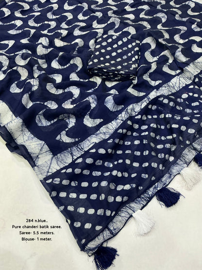 Navy Blue and White Wave-Pattern Batik Saree
