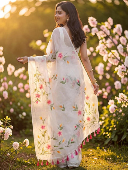 White Organza Saree with Hand-Painted Floral Motifs