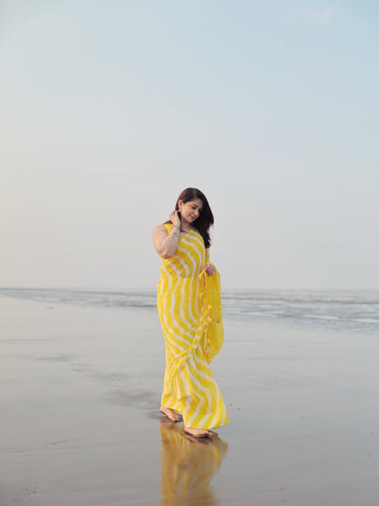 Radiant Yellow Chevron Leheriya Saree with Tassels