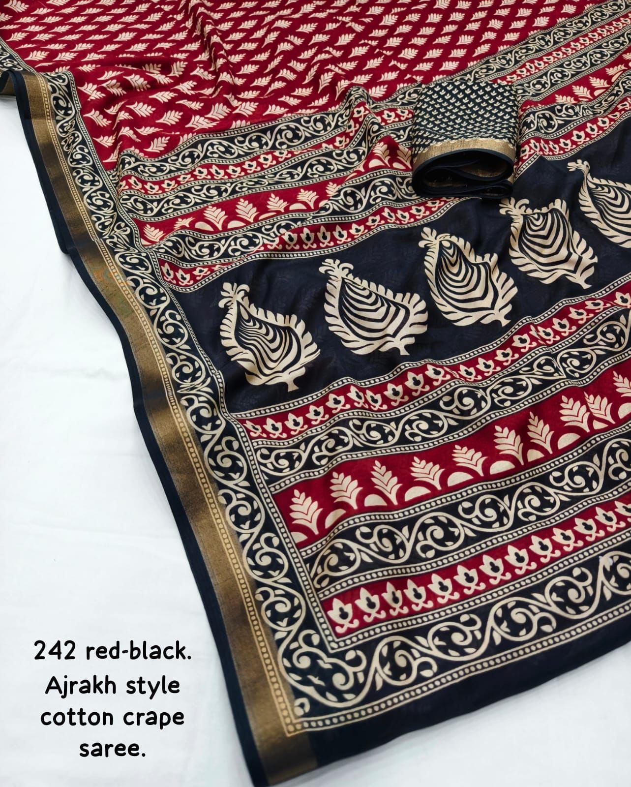 Red and Black Ajrakh Style Cotton Crape Saree
