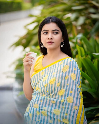 Refreshingly Bright Blue and White Striped Saree with Lemon Print