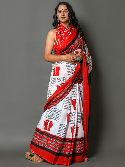Bold Red Spiritual Motif Printed Saree with Bandhani-Style Blouse