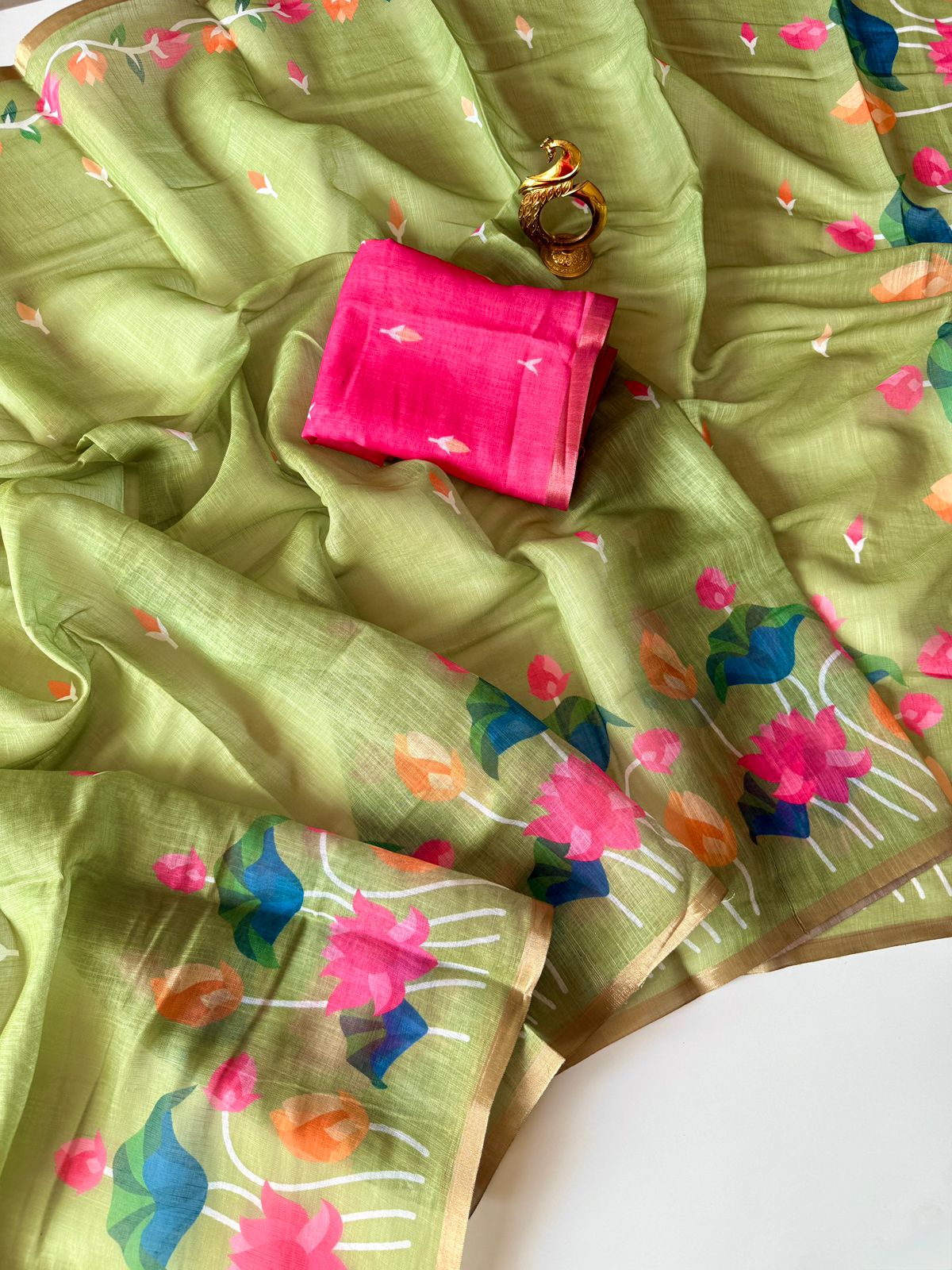 Light Green Linen Saree with Vibrant Lotus Prints