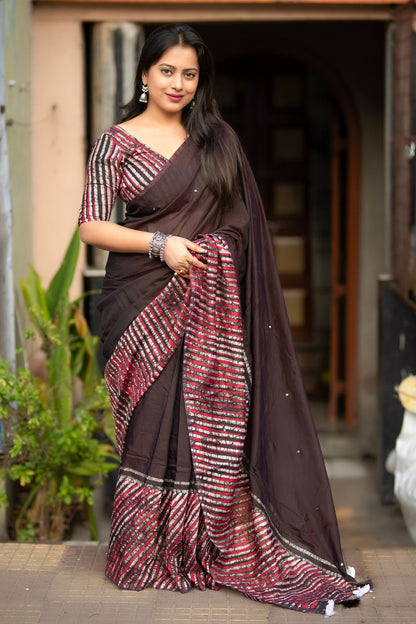 Brownie Black Double Batik Leheriya Saree