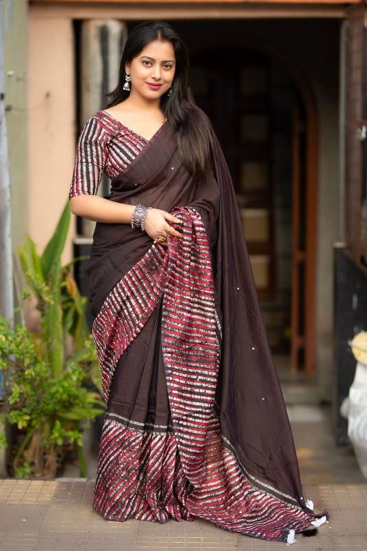Brownie Black Double Batik Leheriya Saree