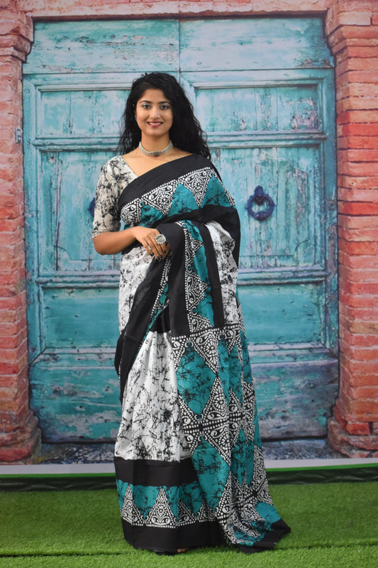 Teal and Black Diamond-Motif Batik Saree