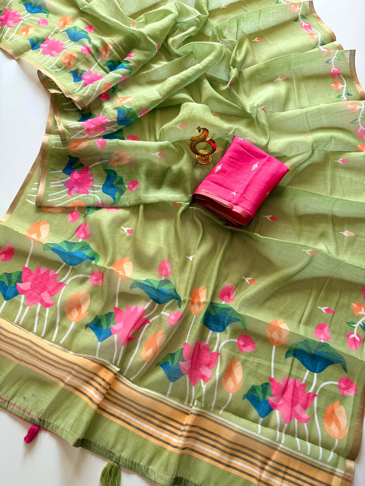 Light Green Linen Saree with Vibrant Lotus Prints