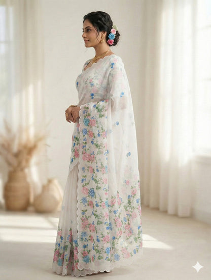White Floral Printed Saree with Scalloped Edges