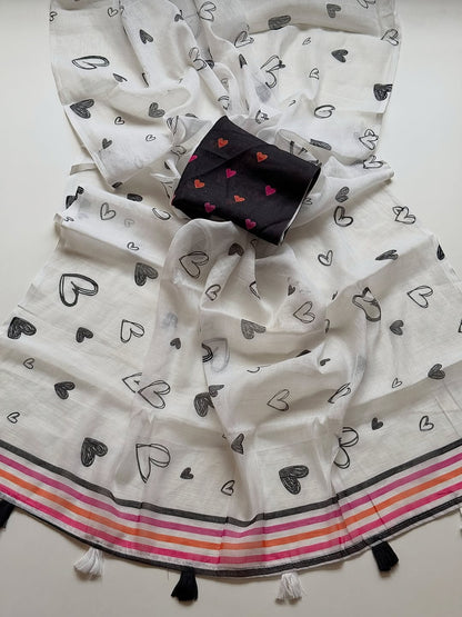 White and Black Heart-Print Saree with Multicolored Striped Border