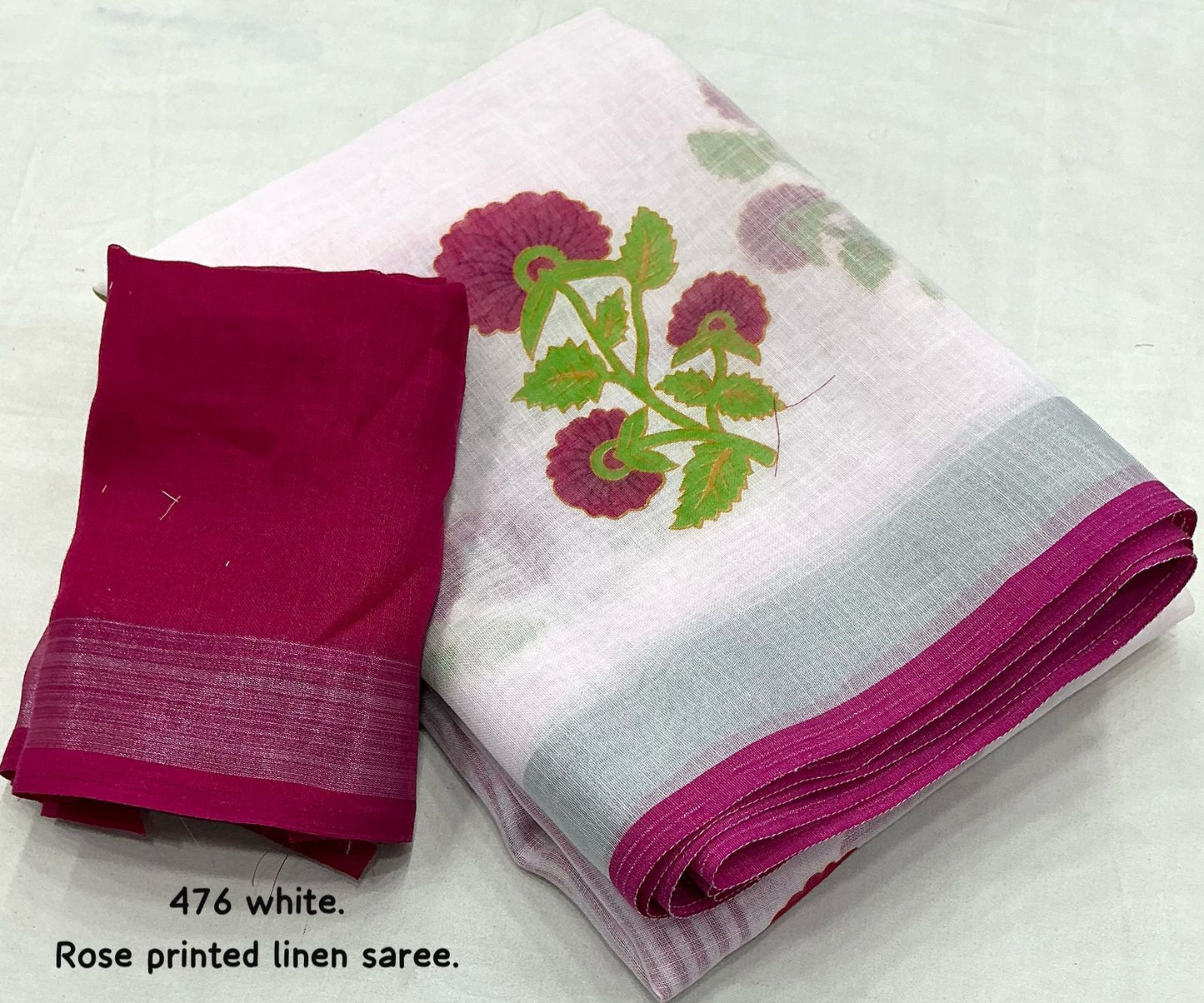 White Rose-Printed Linen Saree with Tassel Detail