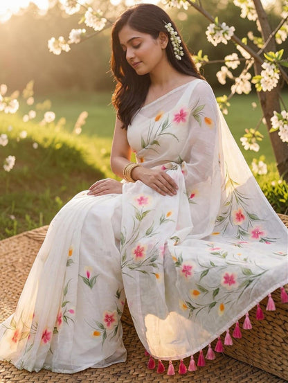 White Organza Saree with Hand-Painted Floral Motifs