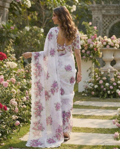 Floral Printed Saree with Scalloped Border