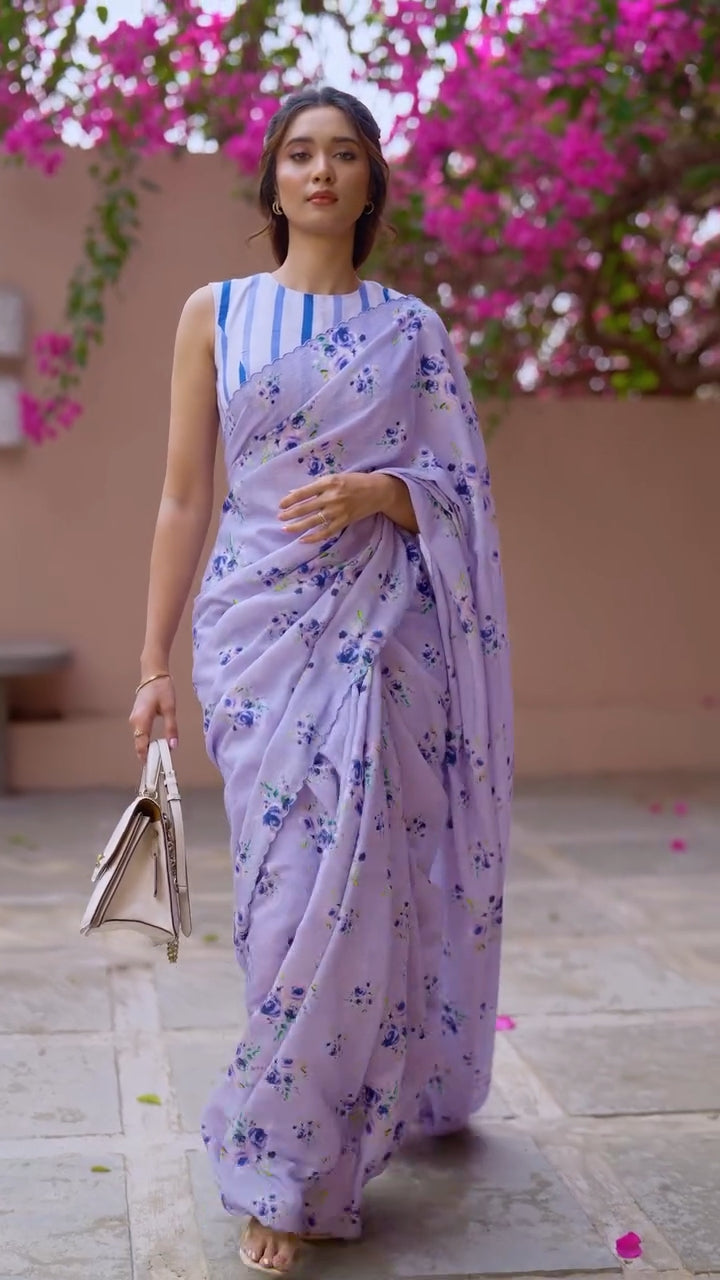 Lavender Floral Linen-Cotton Saree