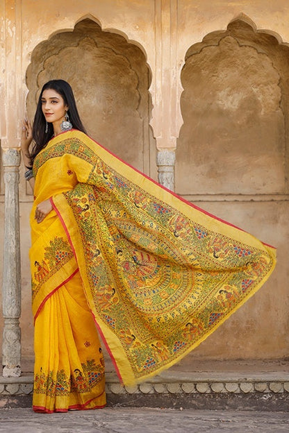 Yellow Linen Saree with Traditional Folk Art Print