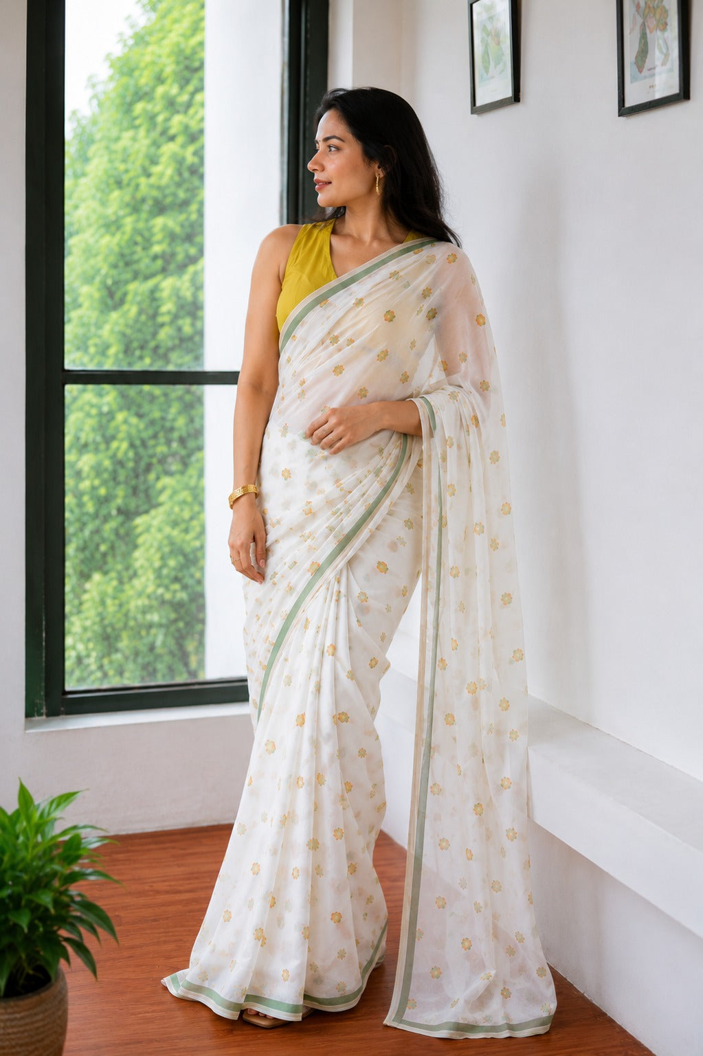 Off-White Floral Embroidered Saree with Olive Green Border
