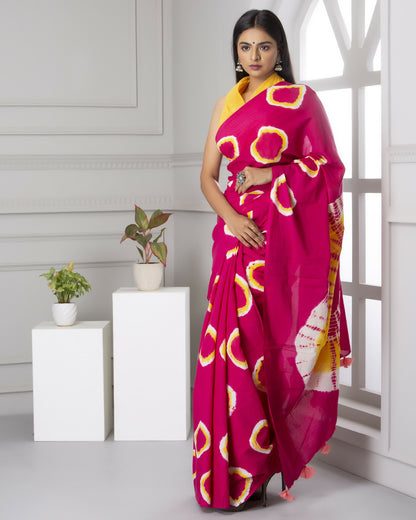 Magenta and Yellow Tie-Dye Saree with Artistic Motifs