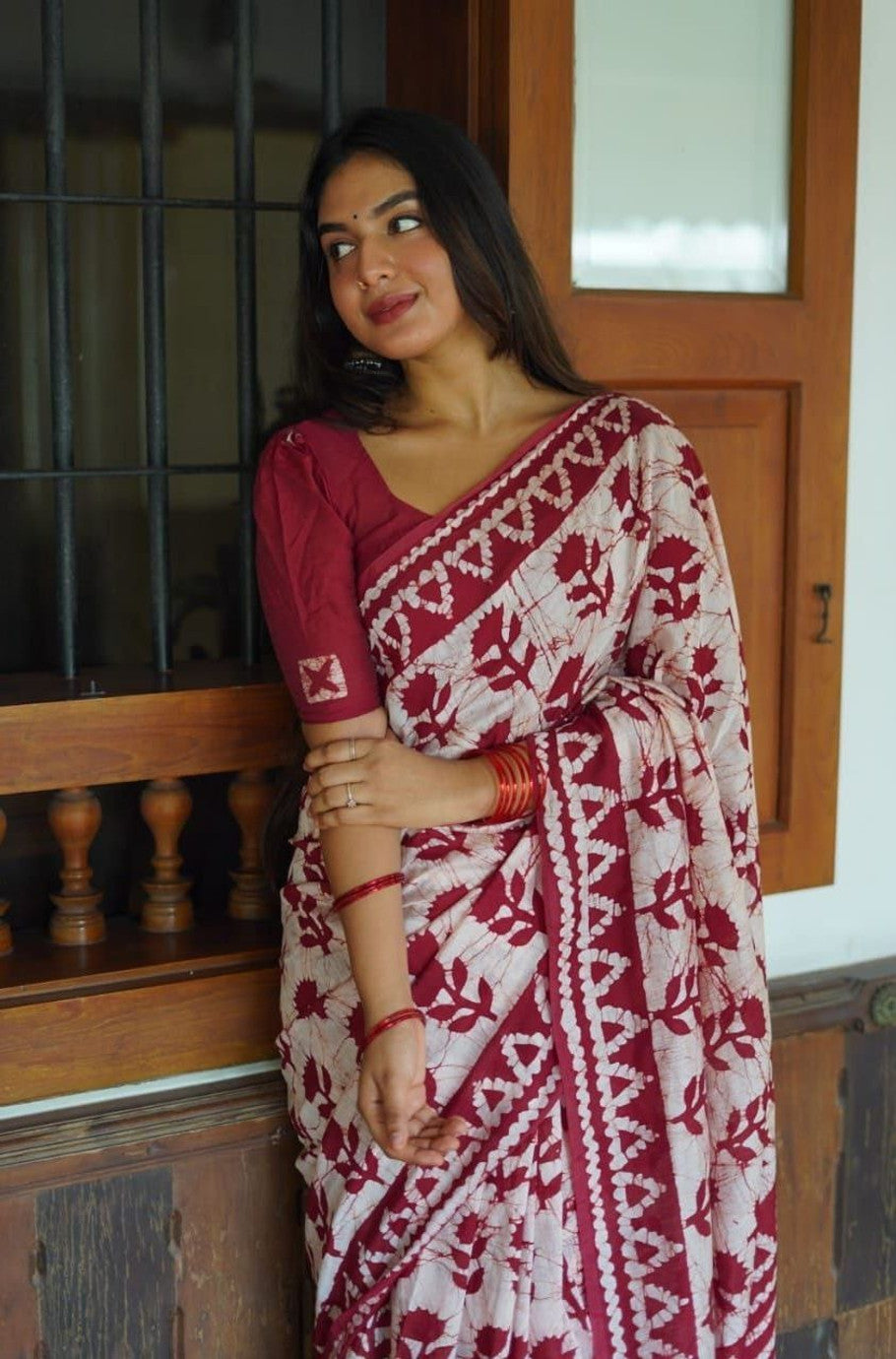Crimson Floral Batik Saree with Solid Blouse