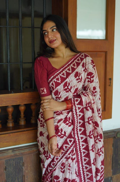 Crimson Floral Batik Saree with Solid Blouse