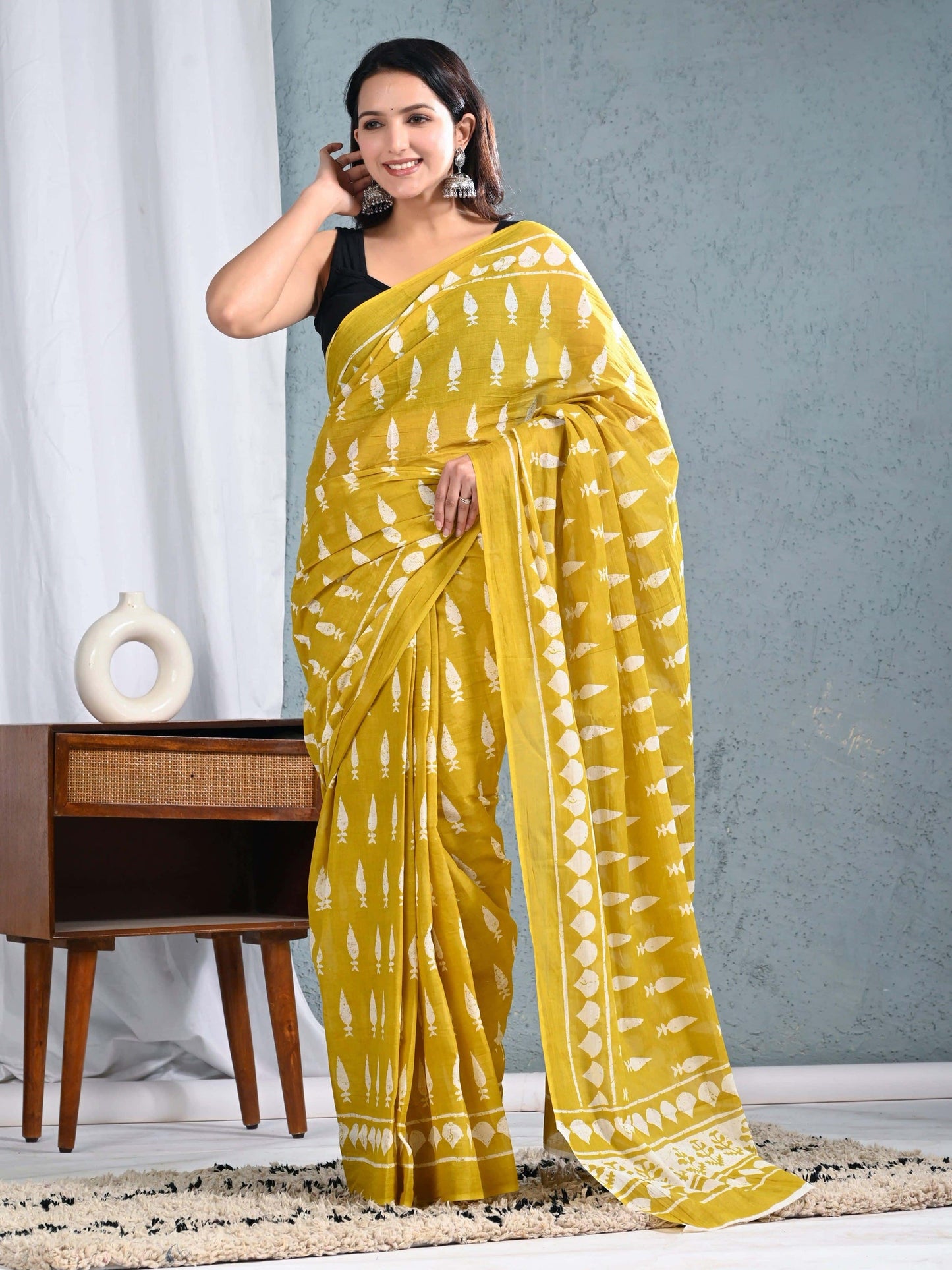 Mustard Yellow Cotton Saree with White Block Prints