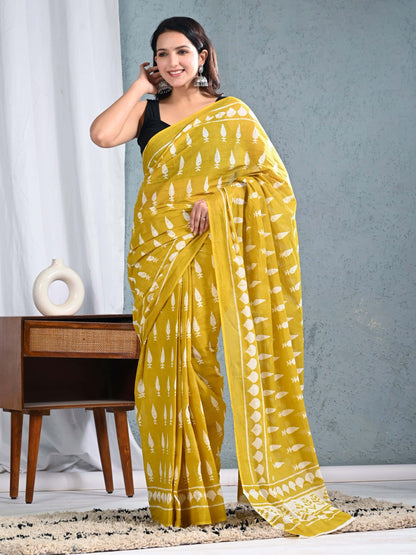 Mustard Yellow Cotton Saree with White Block Prints