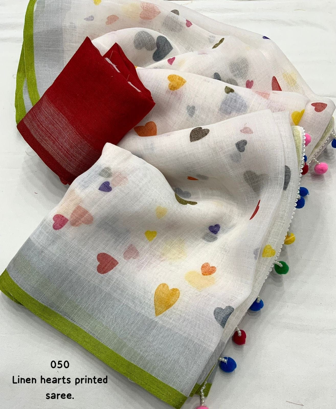 White base with multicolored Hearts Printed Linen Saree