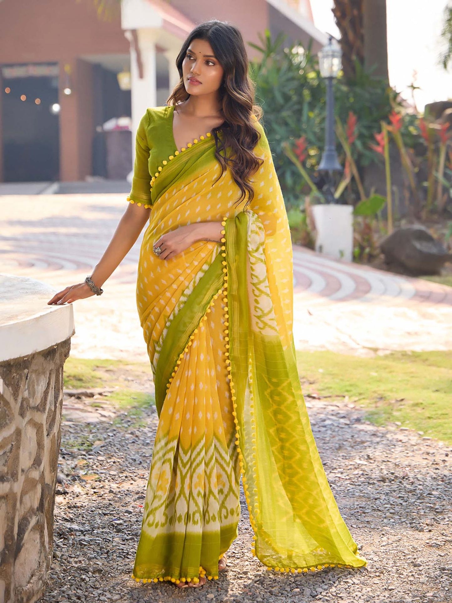 Yellow and Olive Green Ikat Print Saree with Pom-Pom Lace