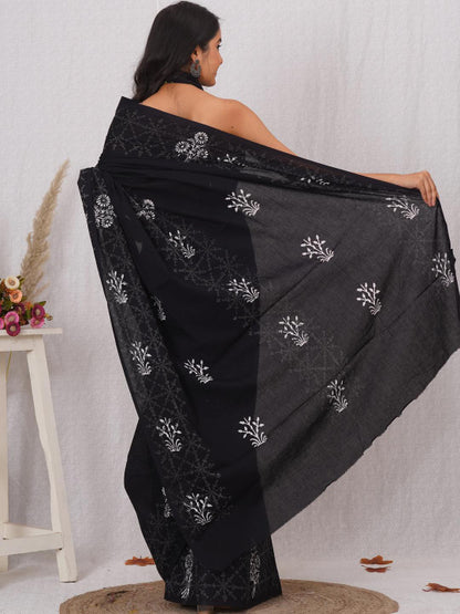 Black Floral Printed Saree with Geometric Details