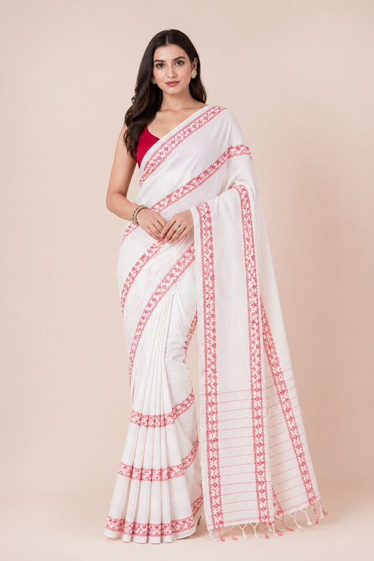 White Saree with Traditional Red Embroidery
