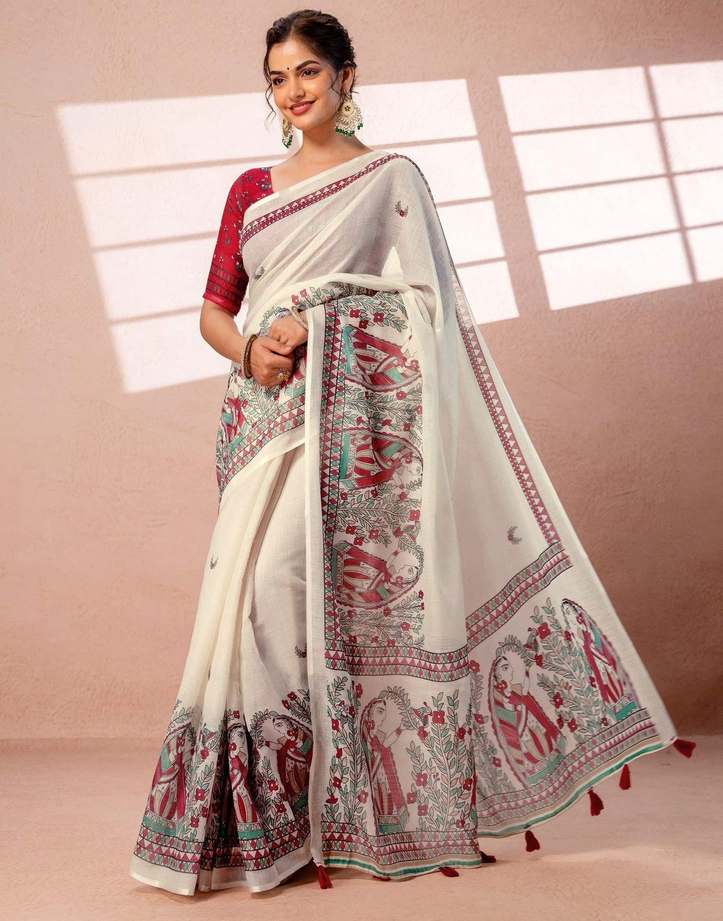 Off-White Linen Saree with Red and Teal Folk Art Print
