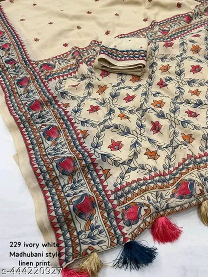 Ivory White Madhubani Style Linen Saree