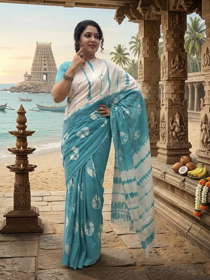Turquoise and White Tie-Dye Saree with Shibori Motifs