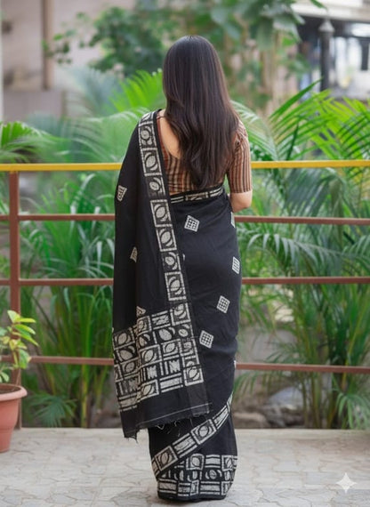 Black Batik Print Saree with Striped Blouse
