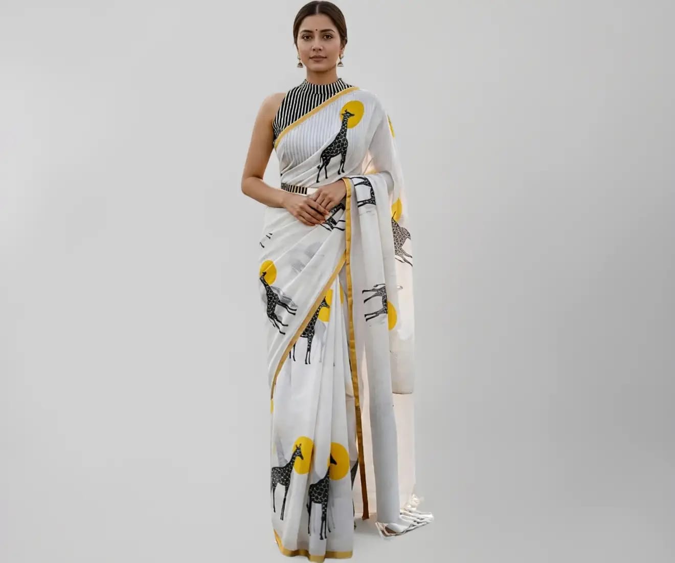 Whimsical White Saree with Giraffe and Sun Print
