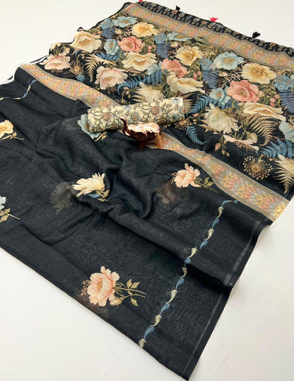 Black Botanical Print Linen Saree
