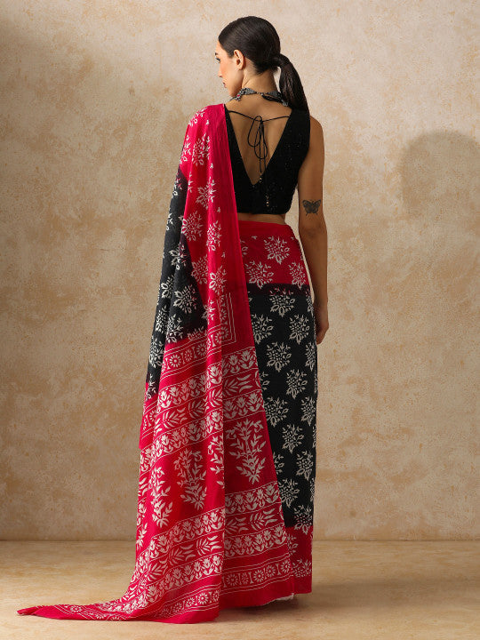Black and Pink Floral Block-Print Saree