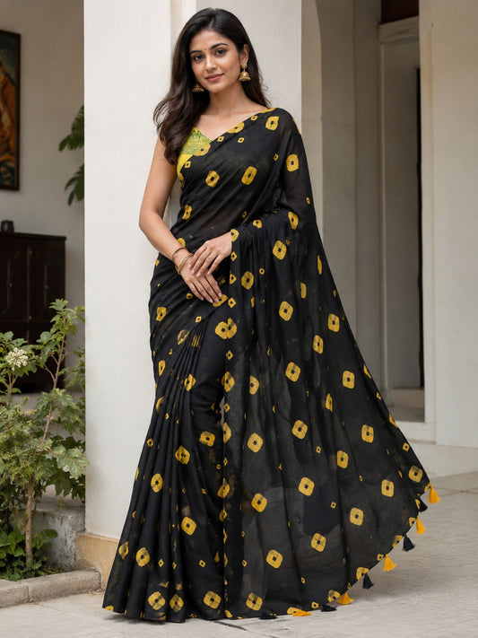Black and Yellow Bandhani-Inspired Saree