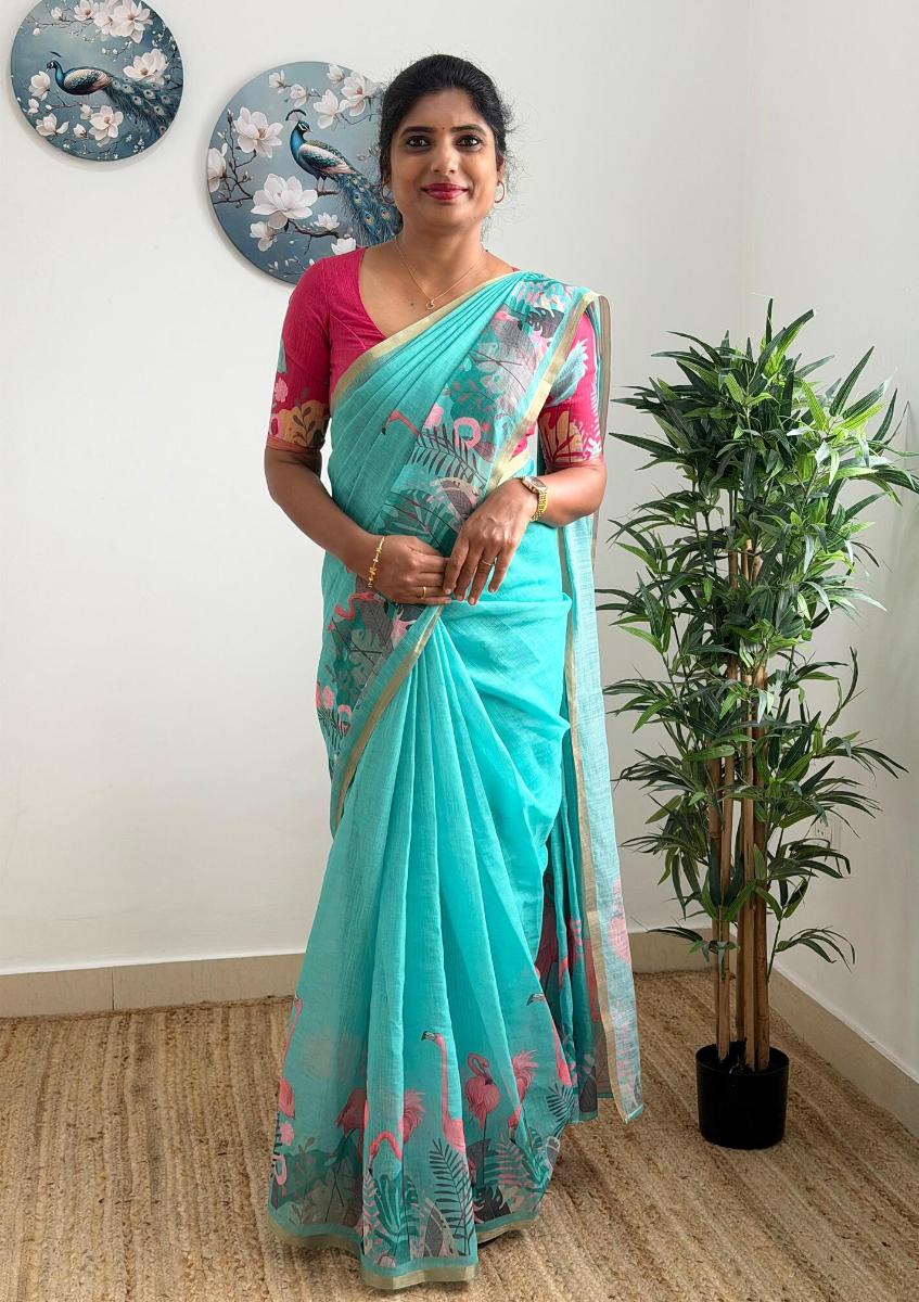 Teal Blue Linen Saree with Tropical Flamingo Print