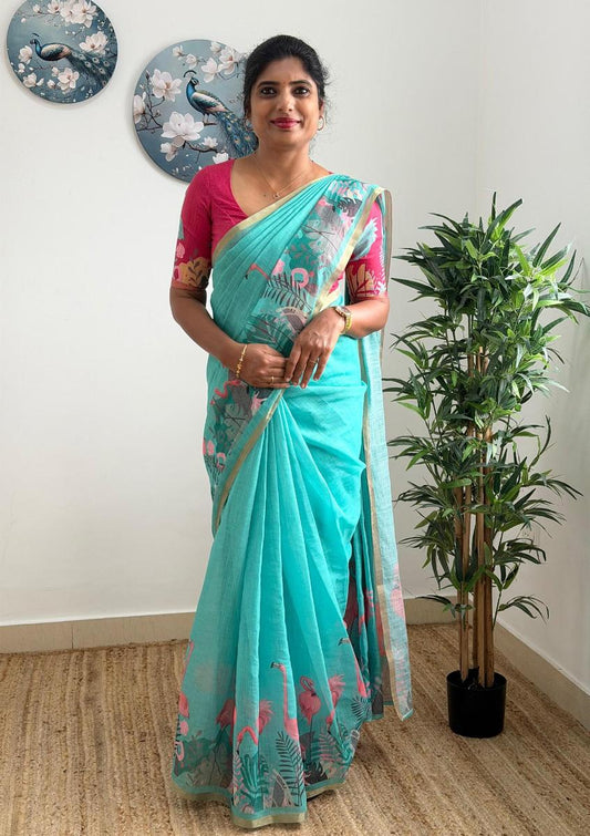 Teal Blue Linen Saree with Tropical Flamingo Print