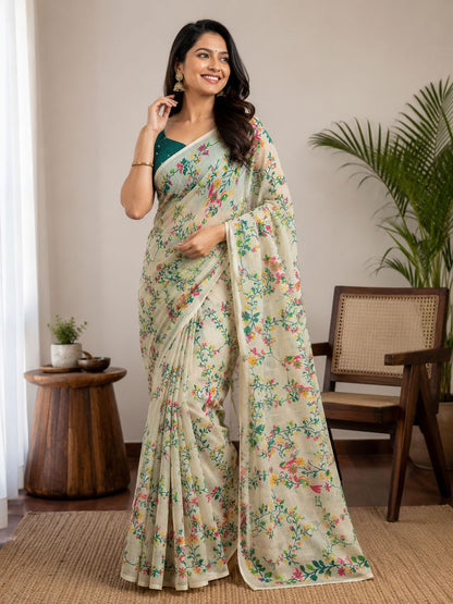 Off-White Floral Botanical Print Saree with Teal Shimmer Blouse