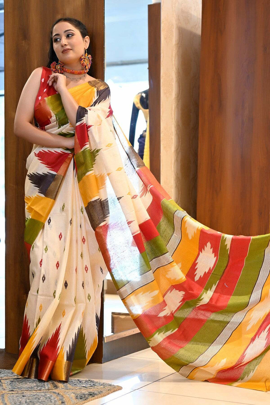 Off-White Ikat-Patterned Saree with Multicolored Accents
