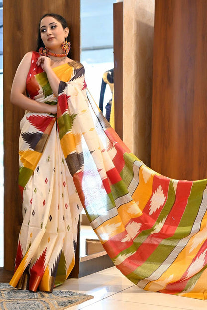 Off-White Ikat-Patterned Saree with Multicolored Accents