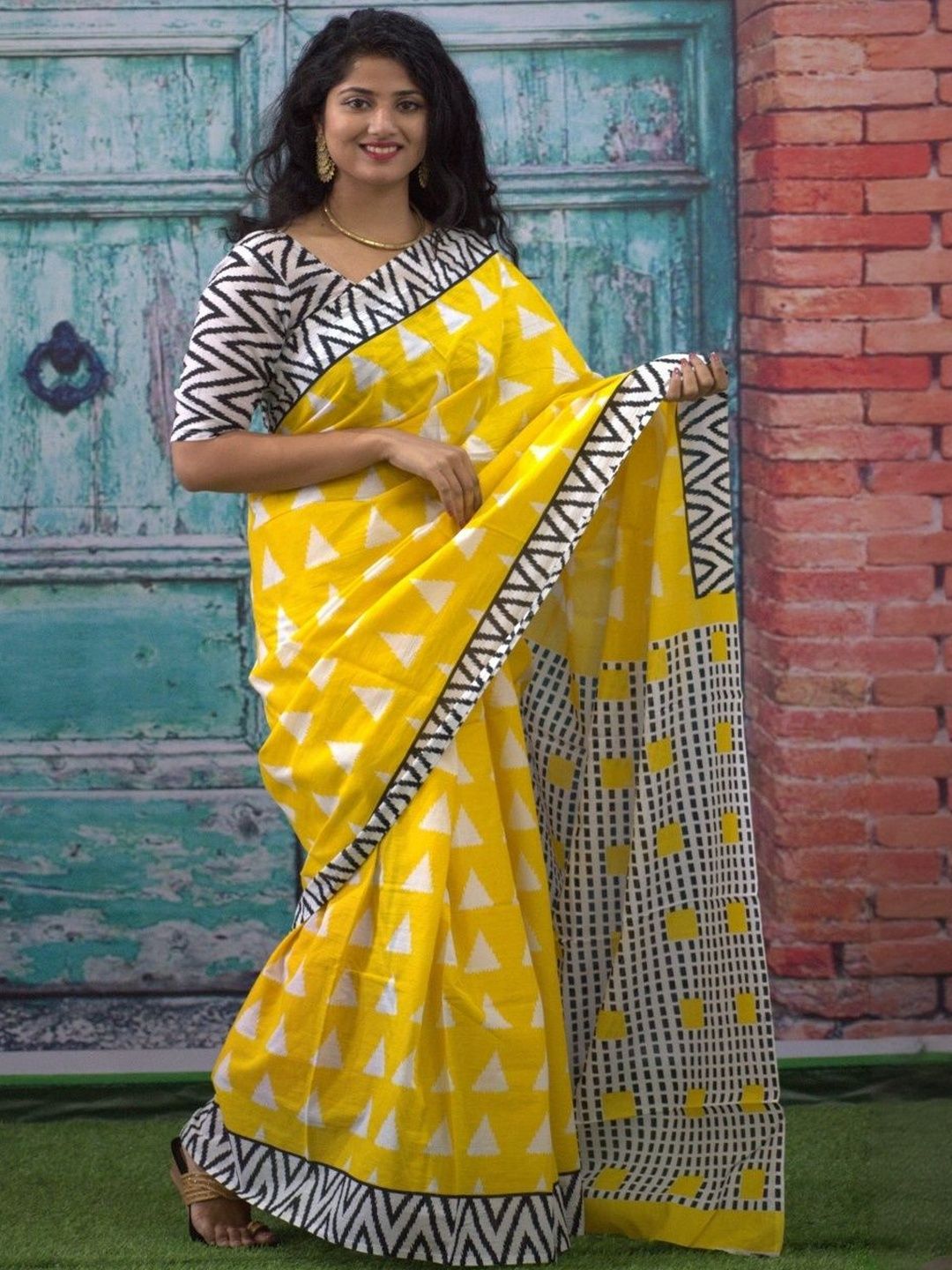 Sunshine Yellow Geometric Cotton Saree