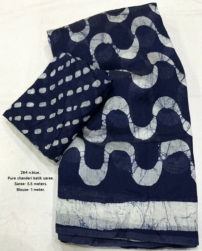 Navy Blue and White Wave-Pattern Batik Saree
