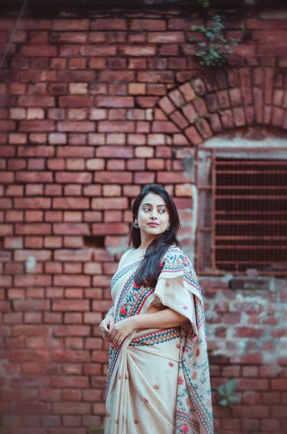 Ivory White Madhubani Style Linen Saree