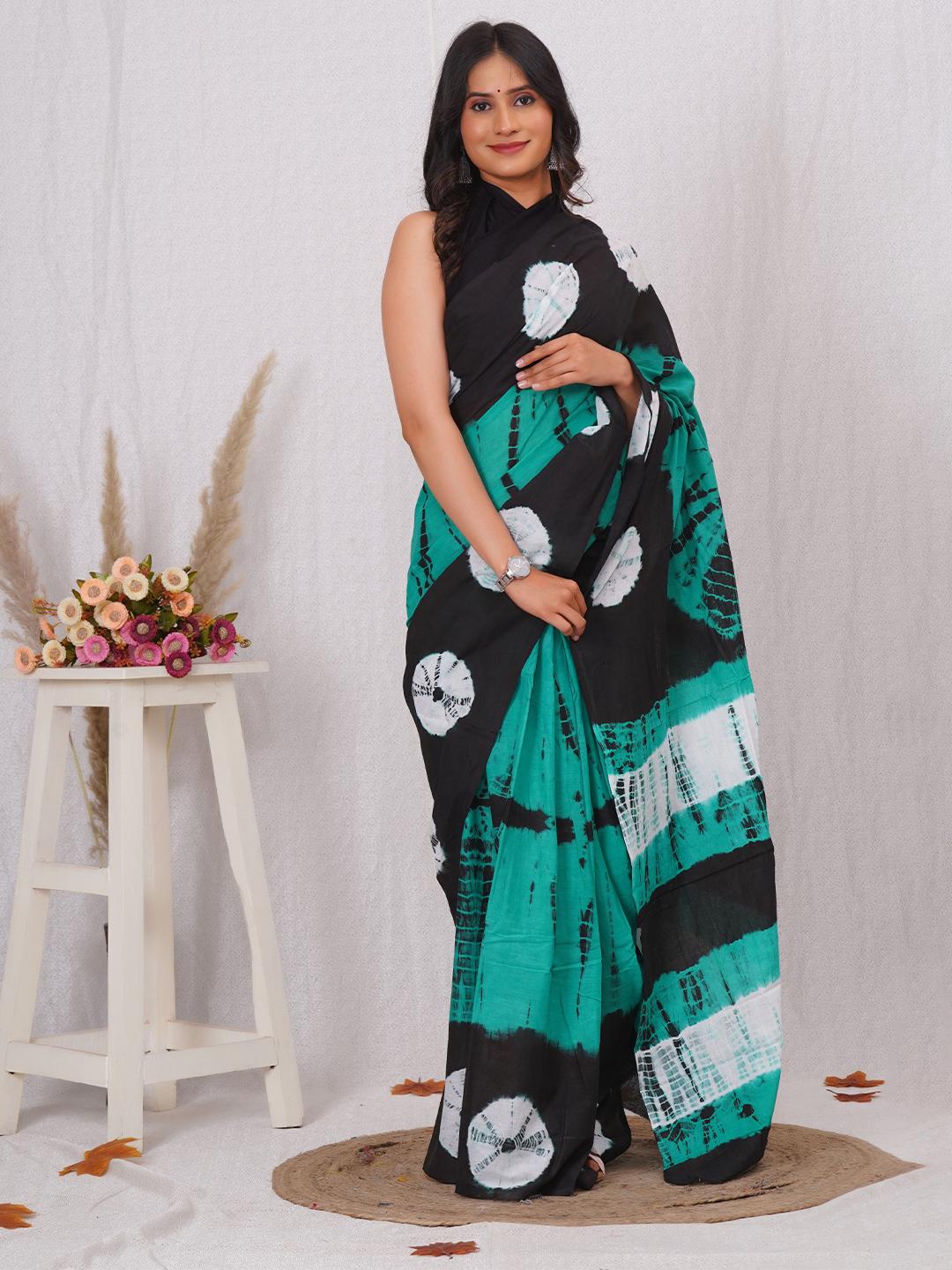 Black and Teal Abstract Tie-Dye Saree