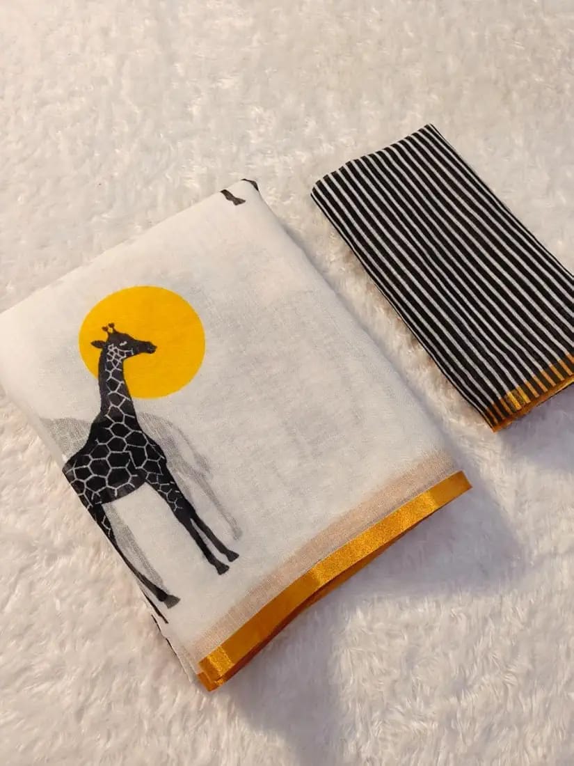Whimsical White Saree with Giraffe and Sun Print