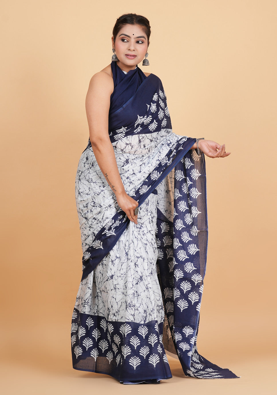 Navy Blue and White Batik-Style Saree
